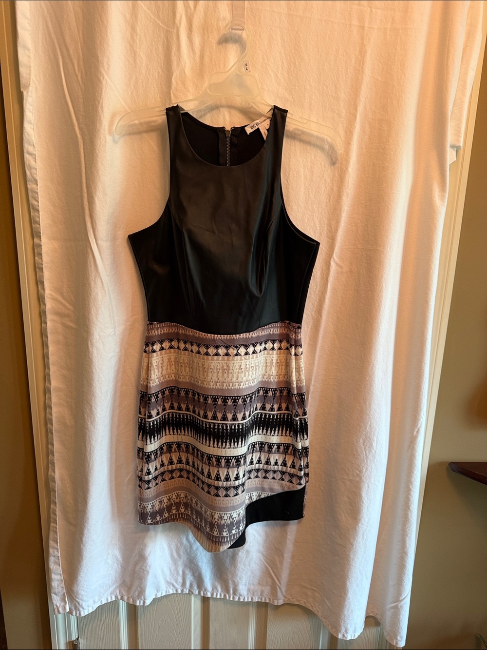 BCBGeneration Black Sleeveless Dress with Patterned Cream & Brown Skirt
